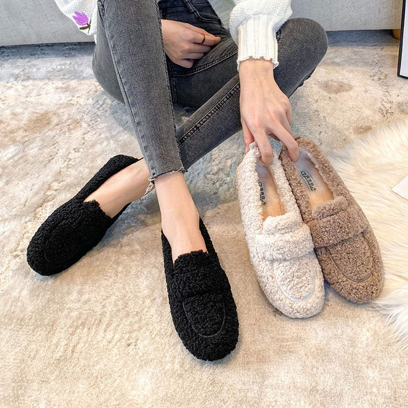Winter Plush Flats Shoes Ins Fashion Slip On Loafers Women's Warm Peas Shoes