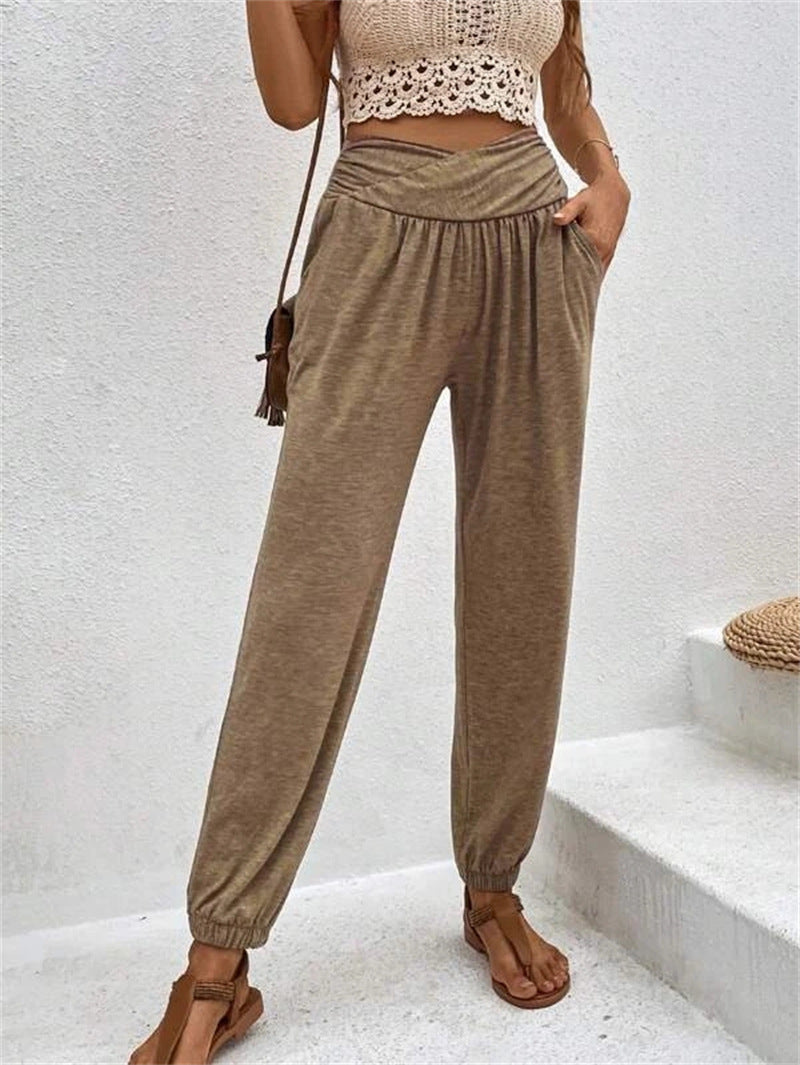 Women's Home Trousers Temperament Casual Loose Pocket High Waist Cuff Trousers Women