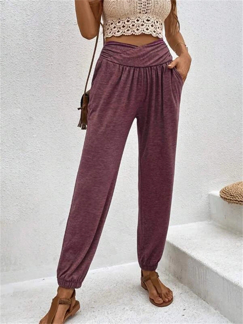 Women's Home Trousers Temperament Casual Loose Pocket High Waist Cuff Trousers Women