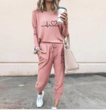 Women's Long Sleeve Suit Fashion Pullover Top And Pockets Drawstring Long Pants Solid Color Casual Sports Trouser Suit Clothing