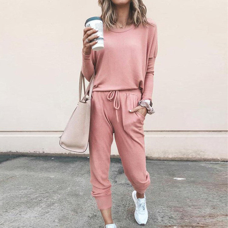 Women's Long Sleeve Suit Fashion Pullover Top And Pockets Drawstring Long Pants Solid Color Casual Sports Trouser Suit Clothing