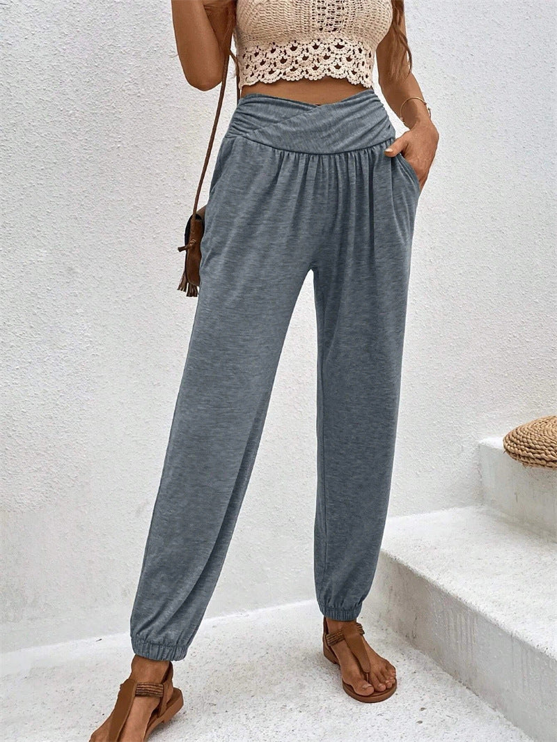 Women's Home Trousers Temperament Casual Loose Pocket High Waist Cuff Trousers Women