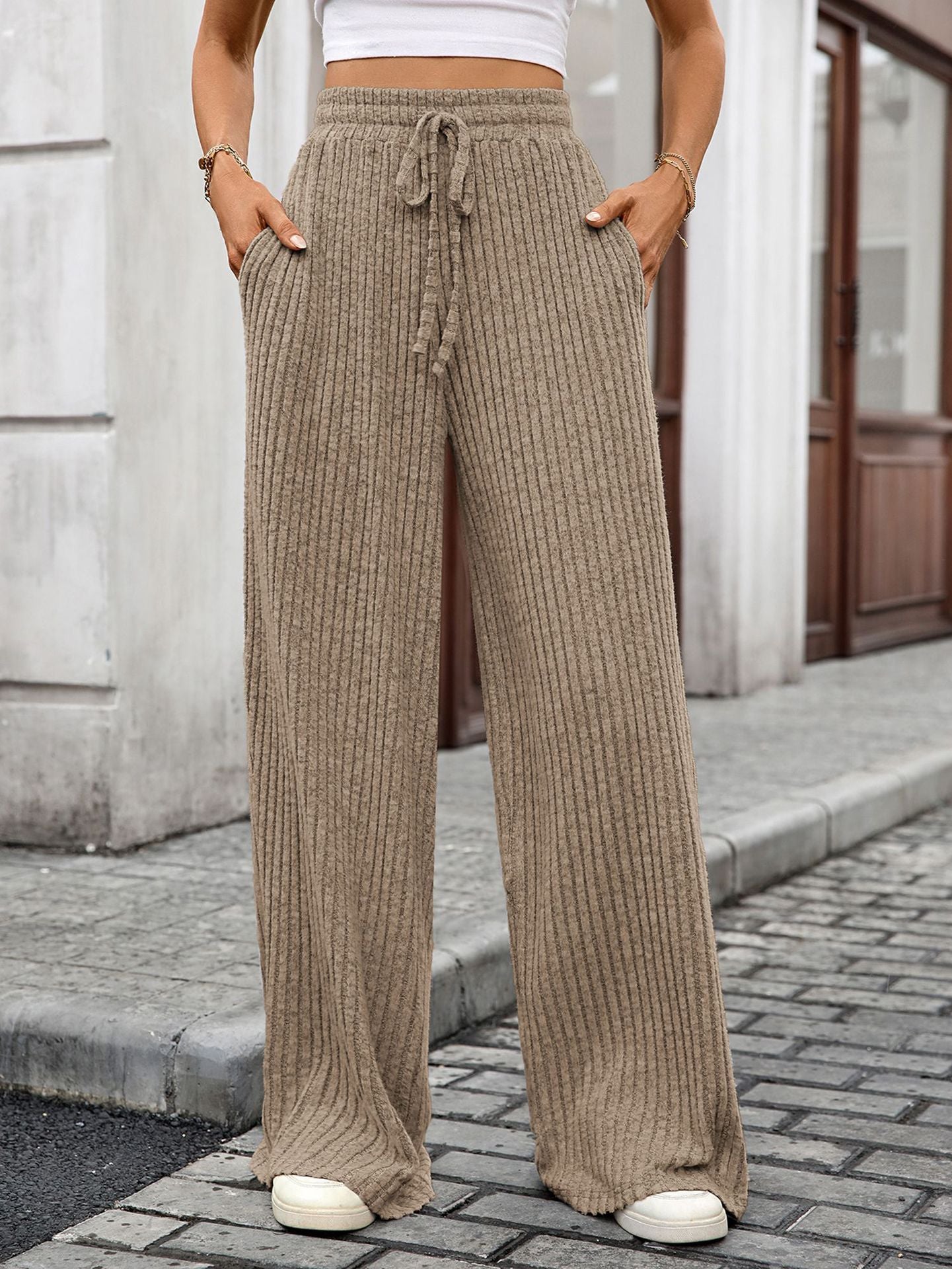 Solid Color Drawstring Ribbed Elastic Waist Casual Trousers