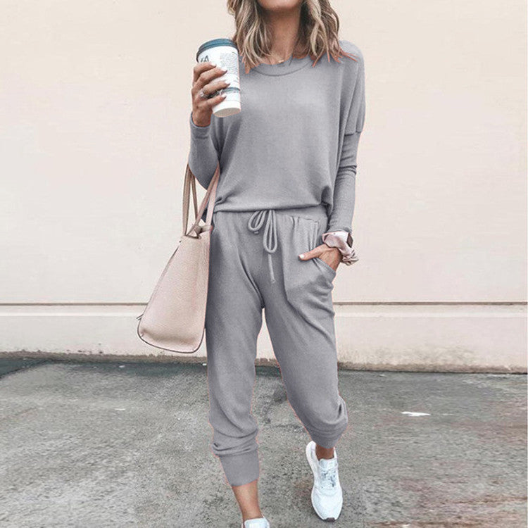 Women's Long Sleeve Suit Fashion Pullover Top And Pockets Drawstring Long Pants Solid Color Casual Sports Trouser Suit Clothing