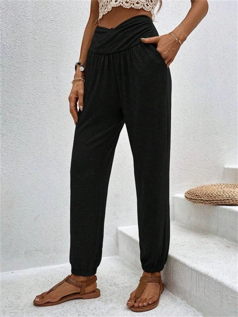 Women's Home Trousers Temperament Casual Loose Pocket High Waist Cuff Trousers Women