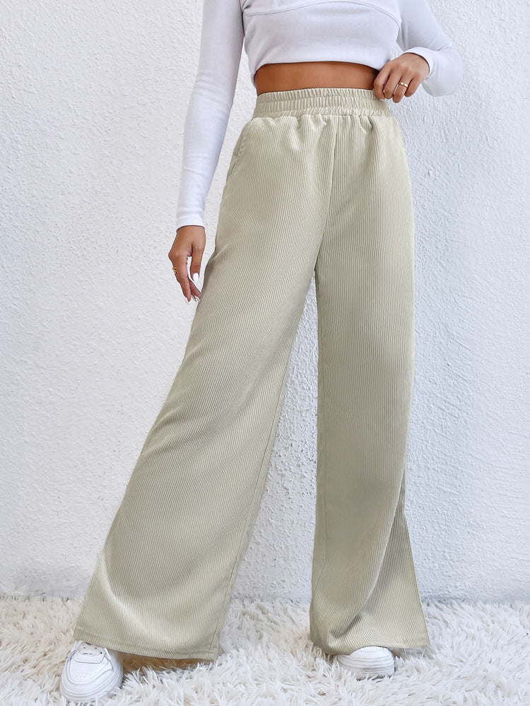 Women's High Waist Casual Pants Solid Color Corduroy Stitching Slit Hem Trousers