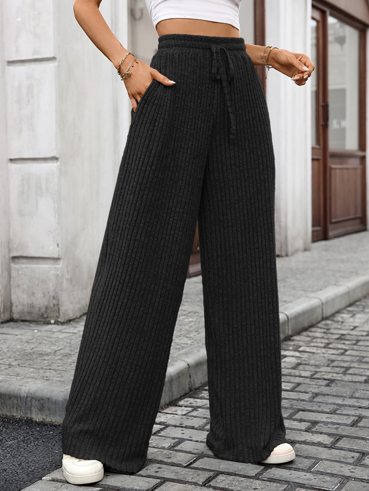 Solid Color Drawstring Ribbed Elastic Waist Casual Trousers