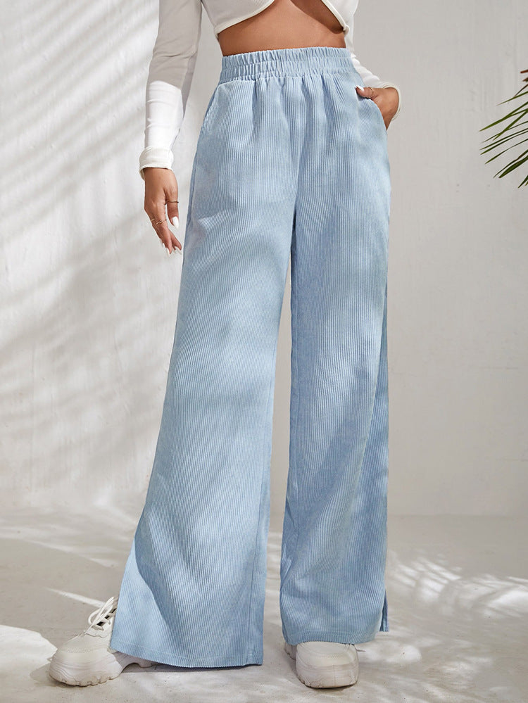 Women's High Waist Casual Pants Solid Color Corduroy Stitching Slit Hem Trousers