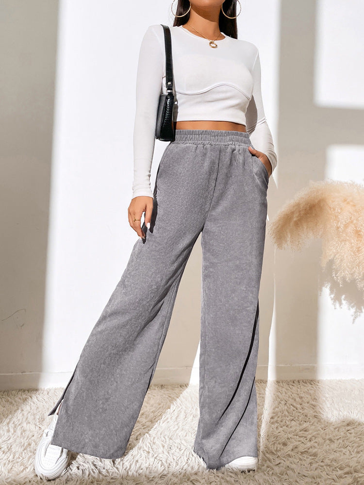 Women's High Waist Casual Pants Solid Color Corduroy Stitching Slit Hem Trousers