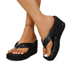High Heels Wedge Sandals With Sequins Shiny Height Increasing Platform Flip Flops Women's Thick Bottom Shoes Beach Summer