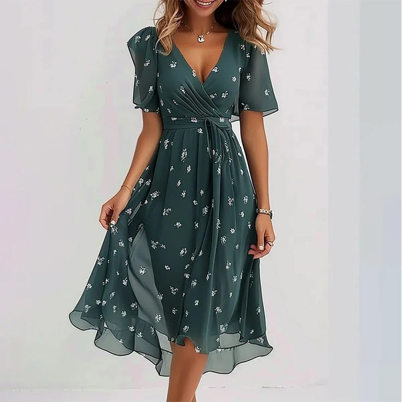 Flowers Printed V-neck Dress Summer A-line Short-sleeved Dresses For Women