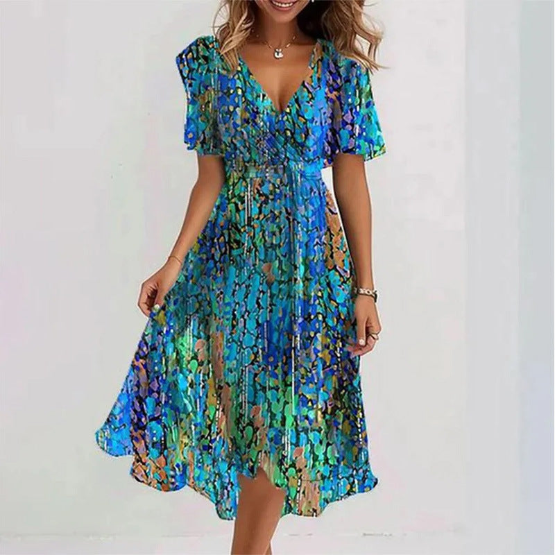 Flowers Printed V-neck Dress Summer A-line Short-sleeved Dresses For Women