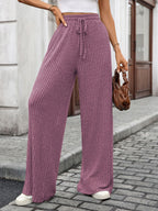 Solid Color Drawstring Ribbed Elastic Waist Casual Trousers