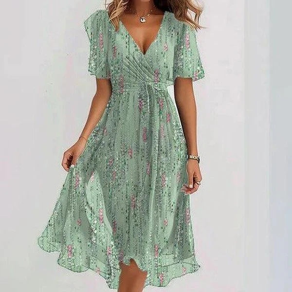 Flowers Printed V-neck Dress Summer A-line Short-sleeved Dresses For Women