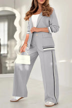 2 Pcs Set Women Suit Coat Pants Suit Lapel Long Sleeves Lady Jacket Wide Leg High Waist Trousers Female Commuting Office Outfit