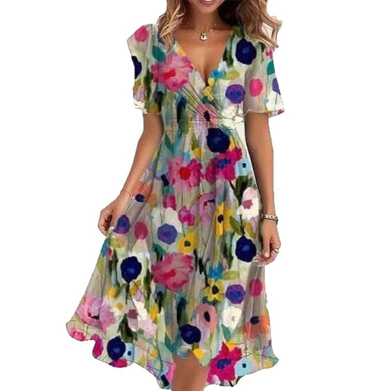 Flowers Printed V-neck Dress Summer A-line Short-sleeved Dresses For Women