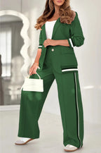 2 Pcs Set Women Suit Coat Pants Suit Lapel Long Sleeves Lady Jacket Wide Leg High Waist Trousers Female Commuting Office Outfit