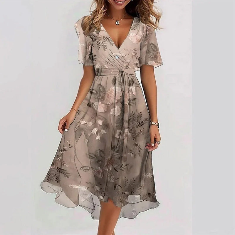 Flowers Printed V-neck Dress Summer A-line Short-sleeved Dresses For Women
