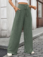 Solid Color Drawstring Ribbed Elastic Waist Casual Trousers