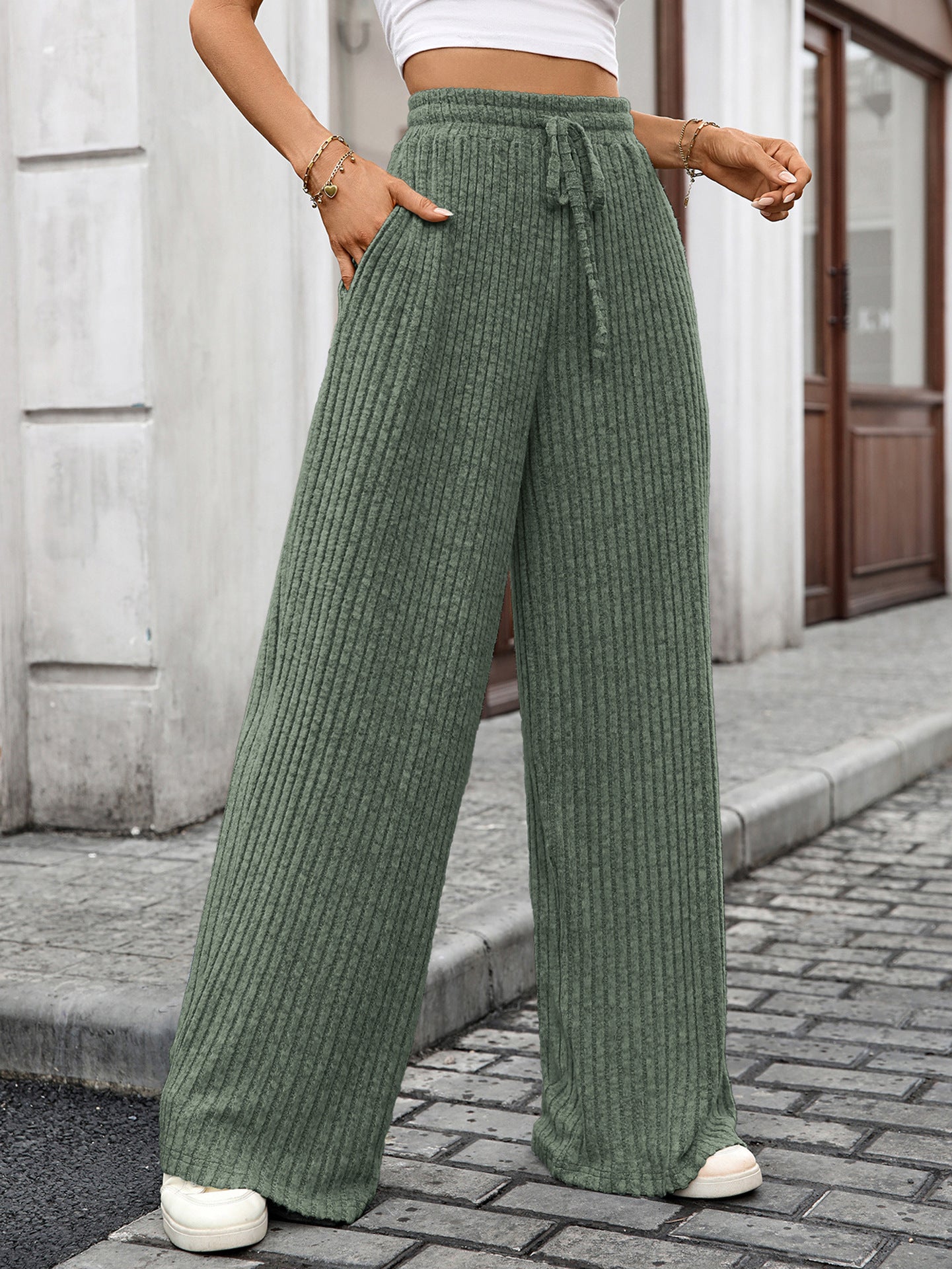 Solid Color Drawstring Ribbed Elastic Waist Casual Trousers