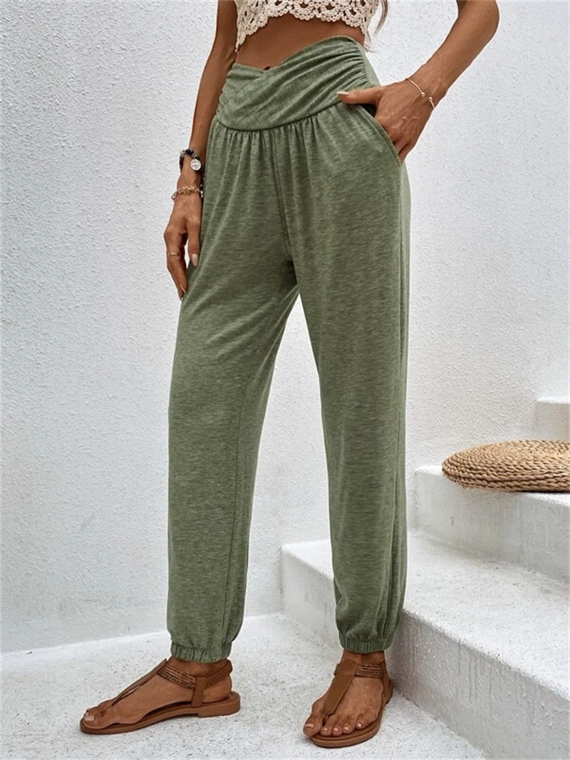 Women's Home Trousers Temperament Casual Loose Pocket High Waist Cuff Trousers Women