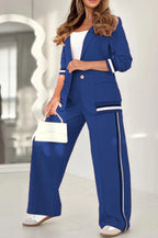 2 Pcs Set Women Suit Coat Pants Suit Lapel Long Sleeves Lady Jacket Wide Leg High Waist Trousers Female Commuting Office Outfit