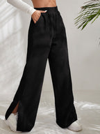 Women's High Waist Casual Pants Solid Color Corduroy Stitching Slit Hem Trousers