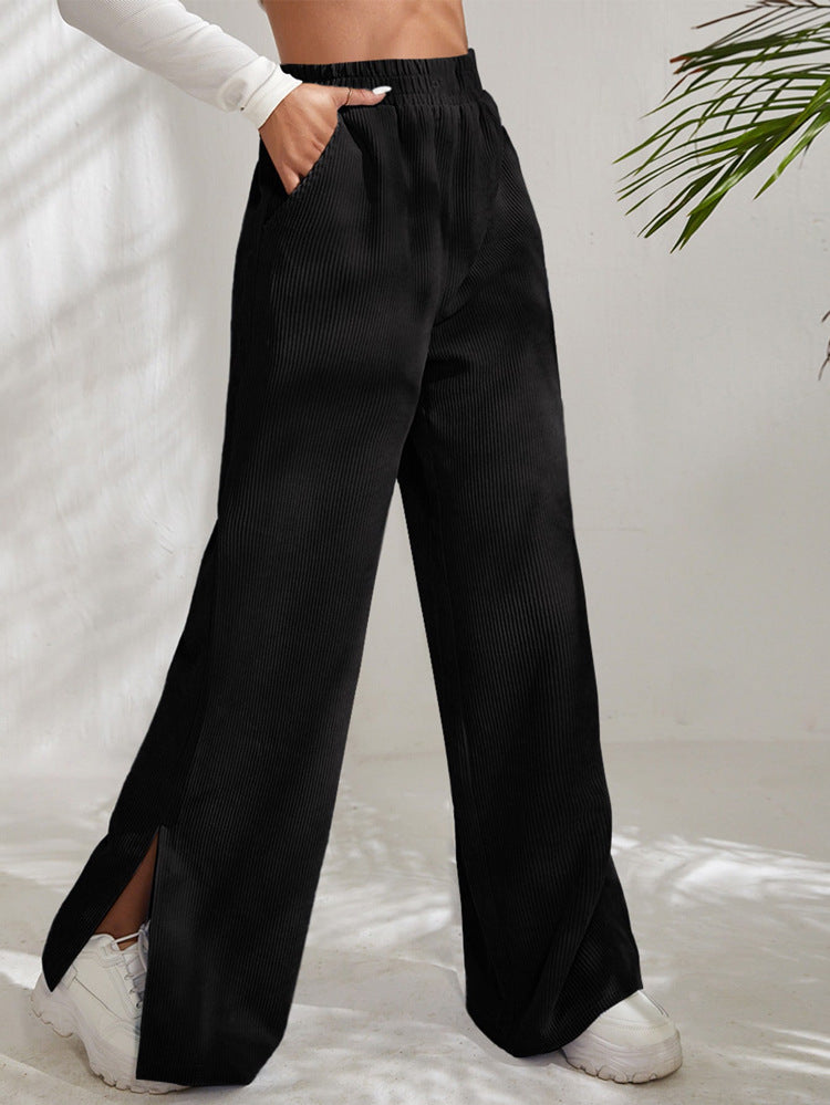 Women's High Waist Casual Pants Solid Color Corduroy Stitching Slit Hem Trousers