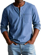 V-neck Long-sleeved T-shirt With Button Design Fashion Casual Solid Color Pullover Top Men's Clothing