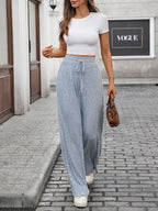Solid Color Drawstring Ribbed Elastic Waist Casual Trousers