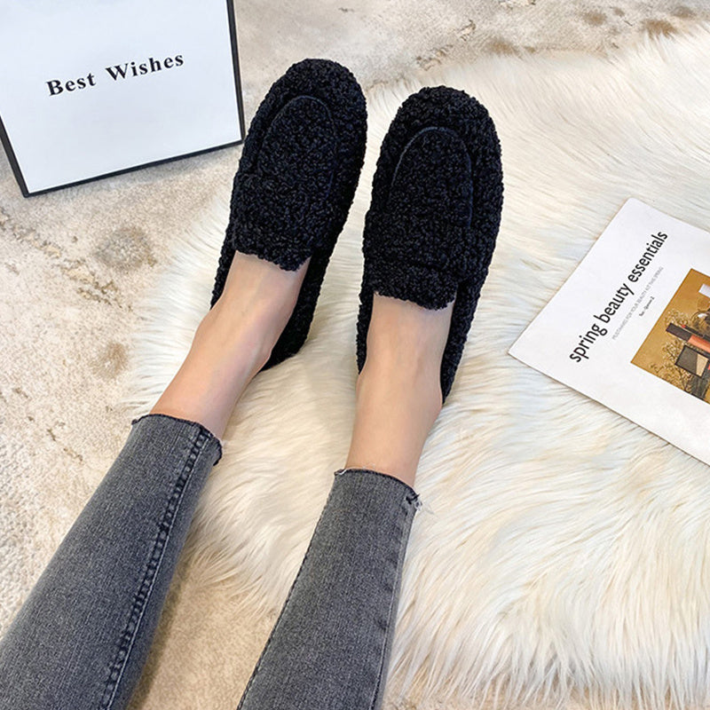 Winter Plush Flats Shoes Ins Fashion Slip On Loafers Women's Warm Peas Shoes